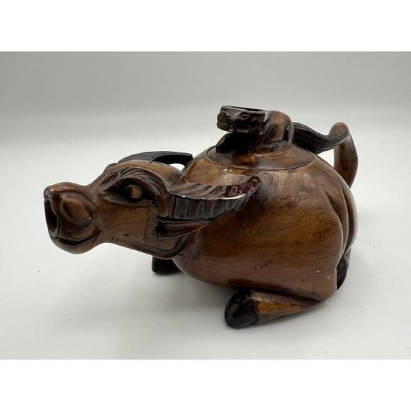 Hand Carved Chinese Brown Stained Soapstone Water Buffalo Lidded Creamer - Picture 5 of 14